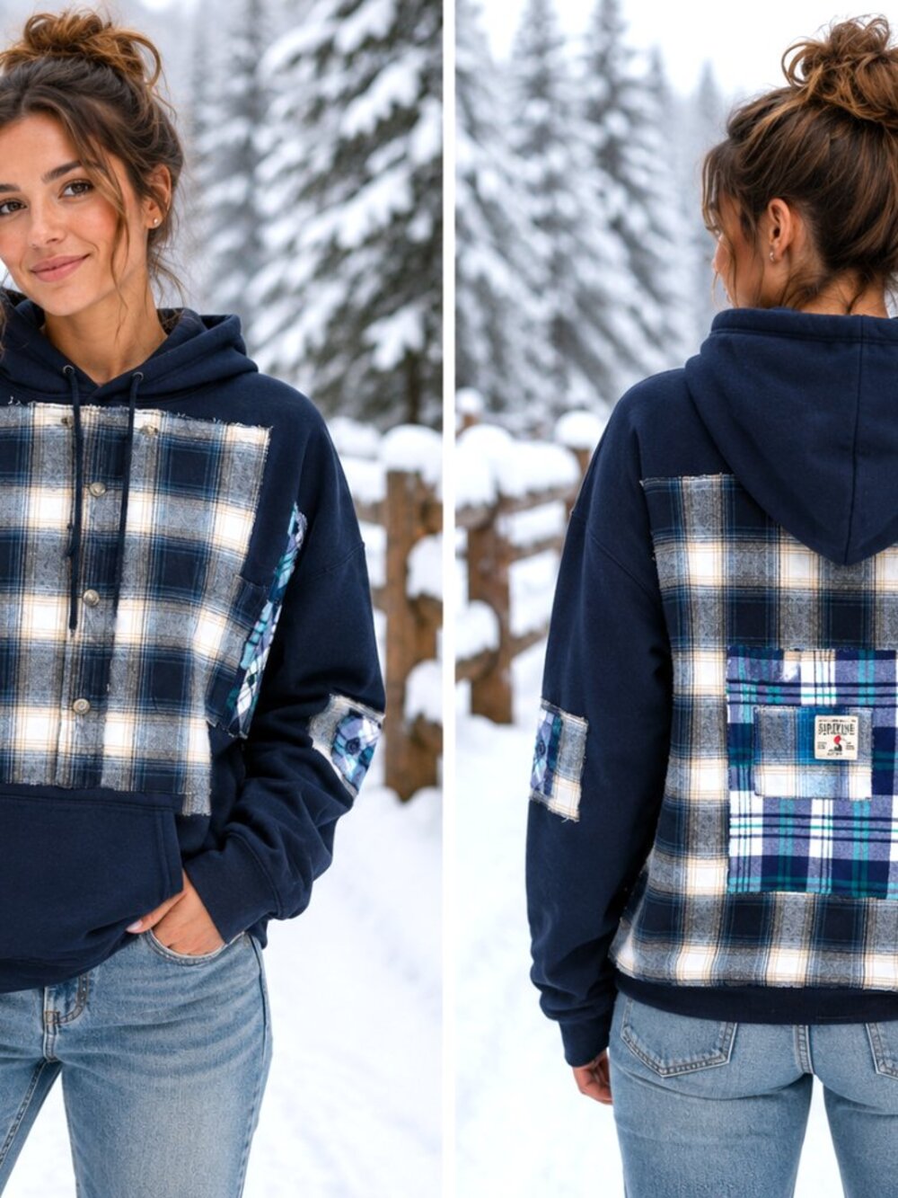 Grunge Patchwork Hoodie Upcycled Oversized Navy Sweatshirt Campus Style Size XL